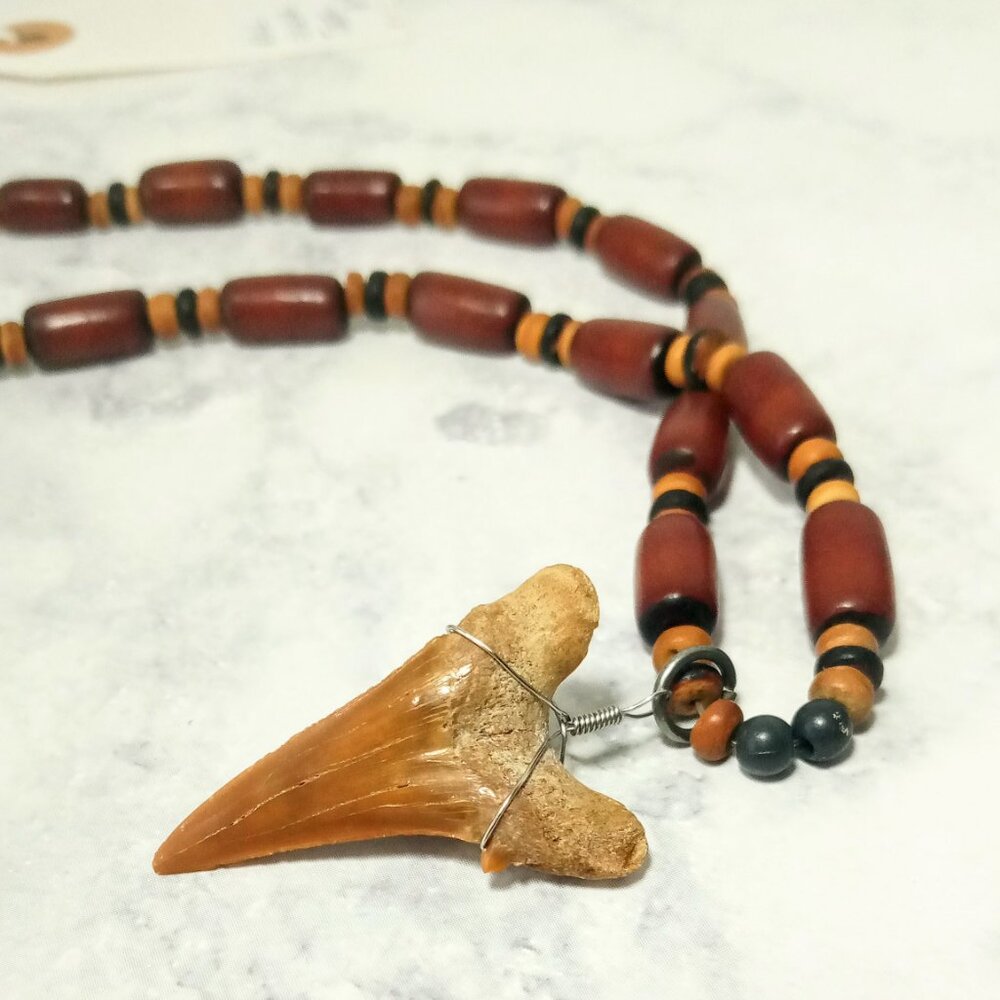 SOLD!! Shark Tooth On String Of Wood Beads 17.5" Long